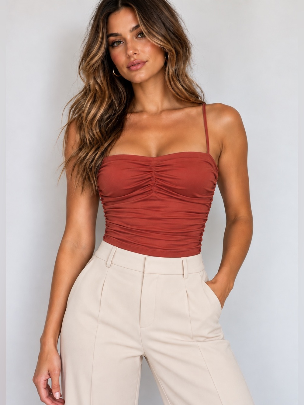 Express Body Contour Ruched Bodysuit Rust